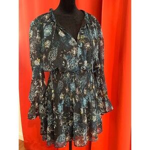 Bishop + Young Floral Mini Dress Size L Sheer Long Sleeve Smocked Waist Boho